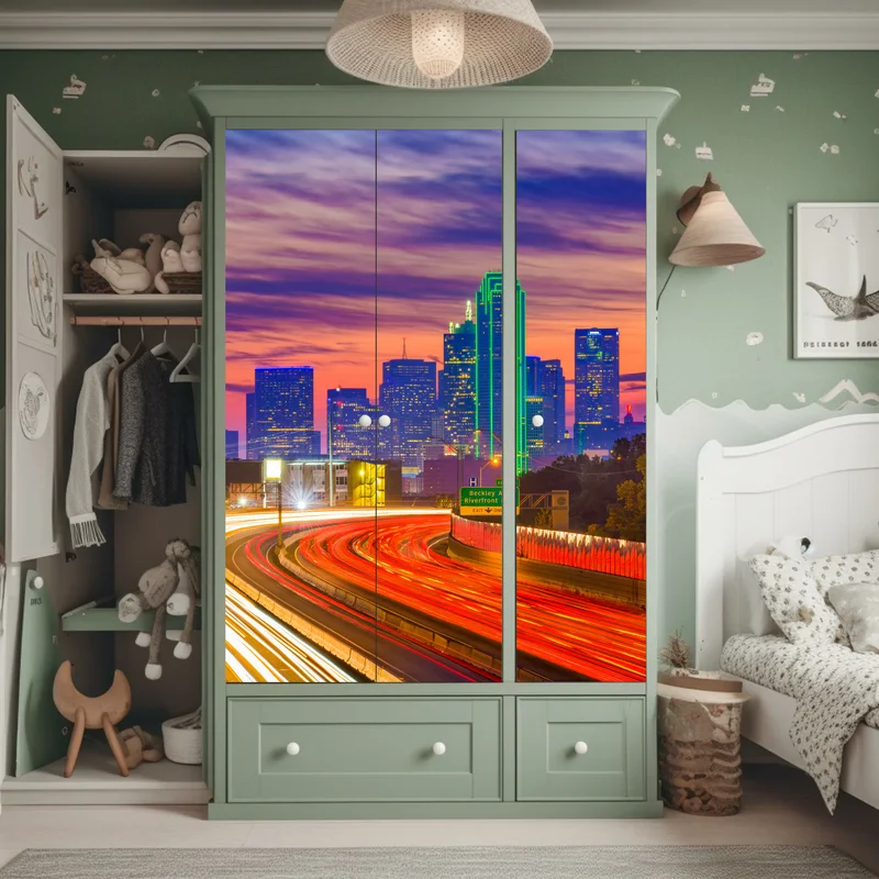 Schrankaufkleber panorama von Dallas bei sonnenuntergang mit lichtspuren auf der autobahn