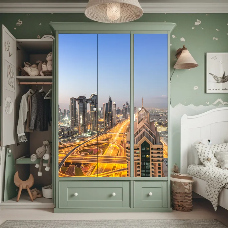 Schrankaufkleber skyline von Dubai bei dämmerung