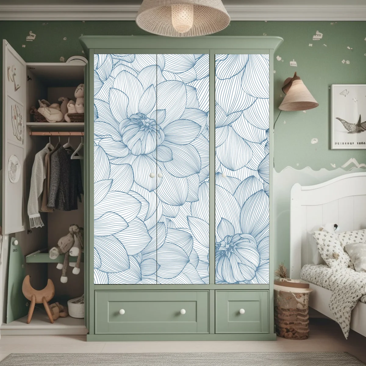 Schrankaufkleber zartes blaues blumenlinienmuster Schrankaufkleber zartes blaues blumenlinienmuster