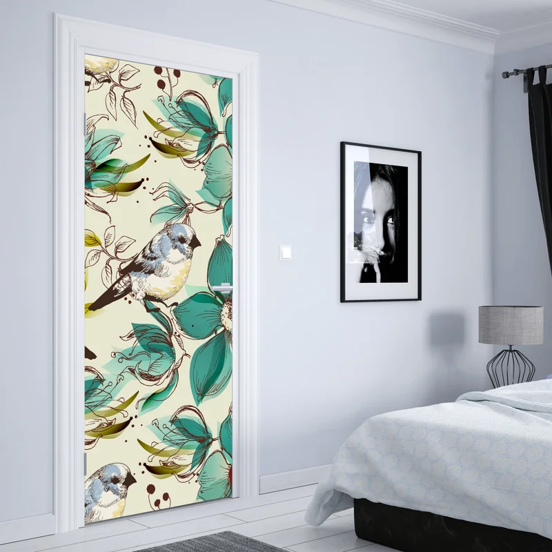 Türaufkleber retro türkis blumen- und vogelmuster