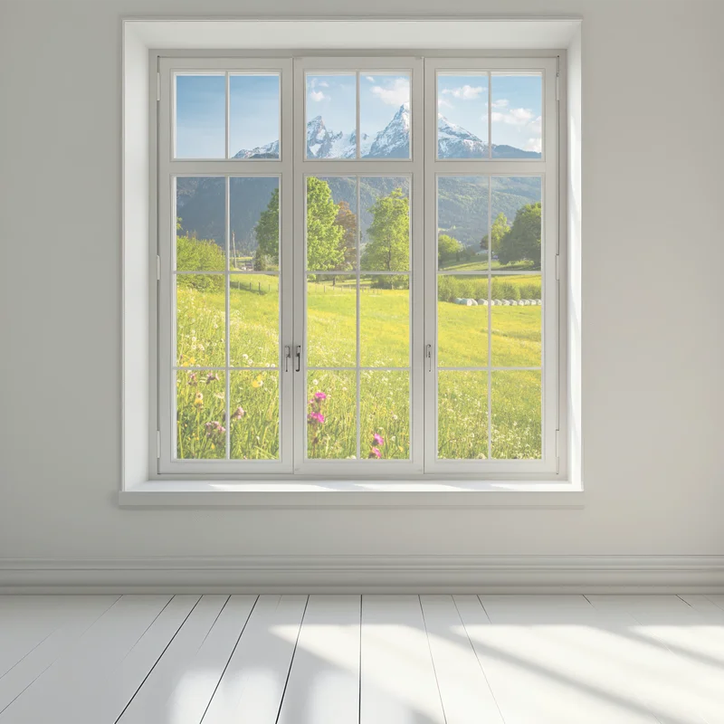 Fensteraufkleber alpine frühlingswiese unter schneebedeckten gipfeln