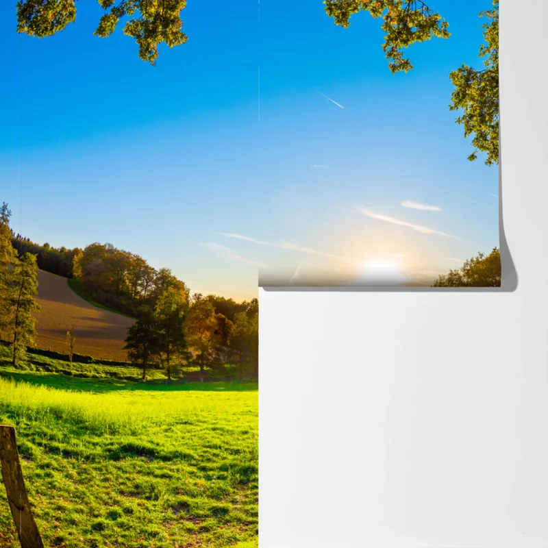 Fototapete sonnenbeschienene wiese mit landweg bei sonnenuntergang Fototapete sonnenbeschienene wiese mit landweg bei sonnenuntergang