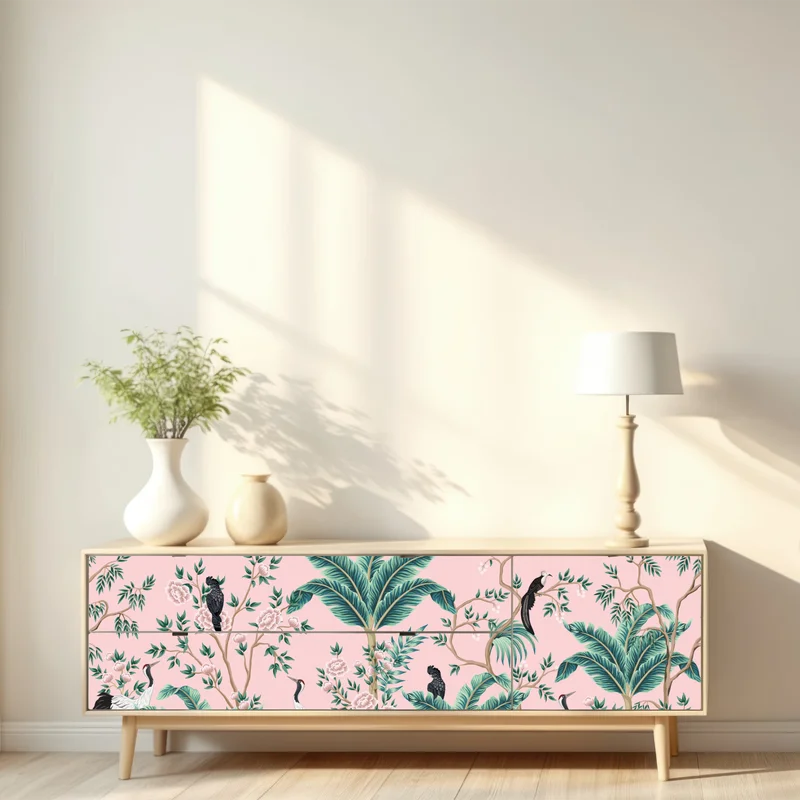 Repositionierbarer Aufkleber pastell tropisches botanisches muster mit kranichen