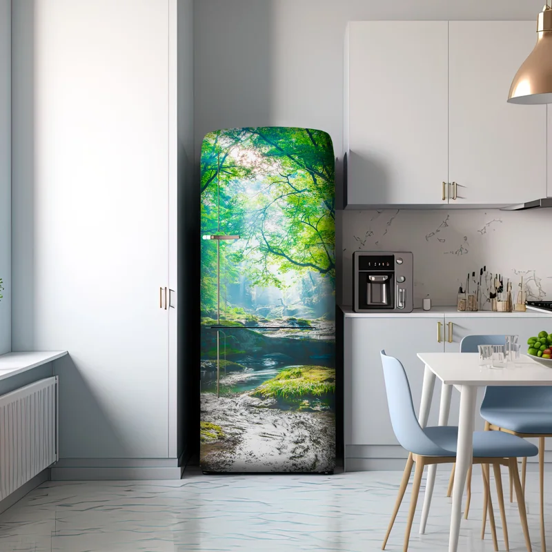 Kühlschrankaufkleber sonnendurchfluteter waldbach mit moosbedeckten steinen