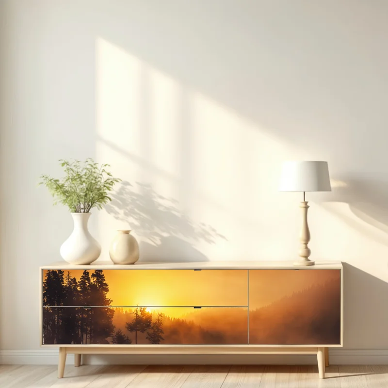 Repositionierbarer Aufkleber goldener sonnenaufgang über dem nebligen see