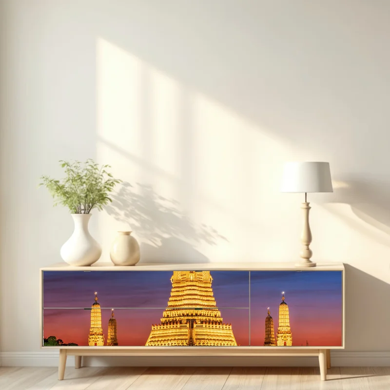 Repositionierbarer Aufkleber goldenes Wat Arun in der dämmerung