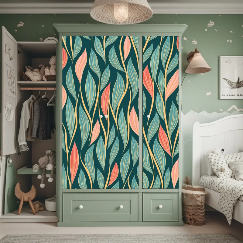 Schrankaufkleber botanisches blattmuster in türkis und koralle