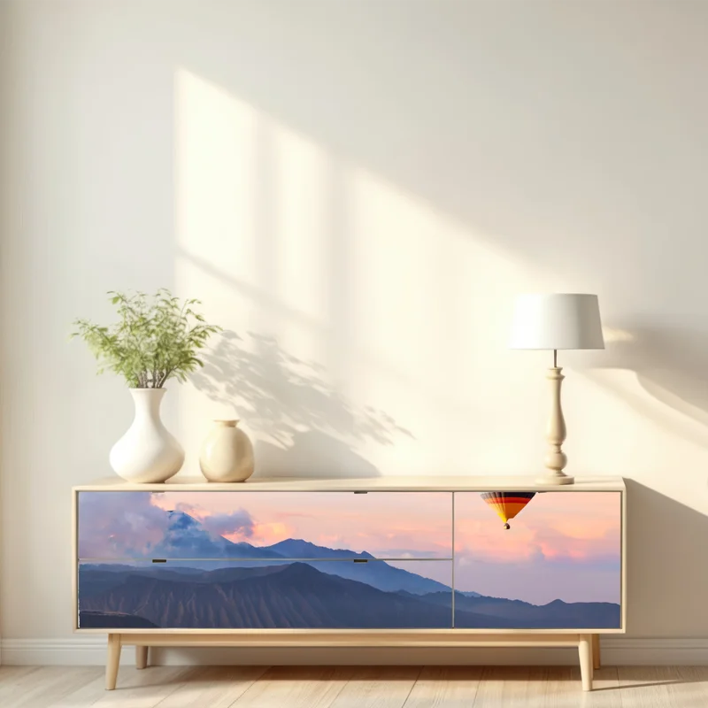 Repositionierbarer Aufkleber heißluftballon über nebelige berge