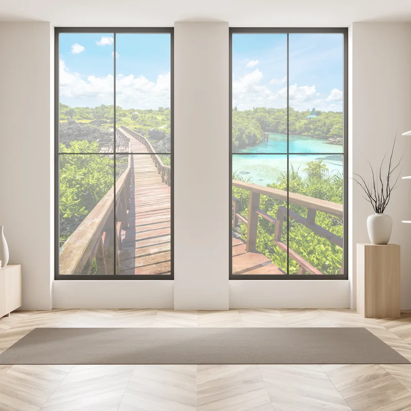 Fensteraufkleber tropischer holzsteg zur türkislagune