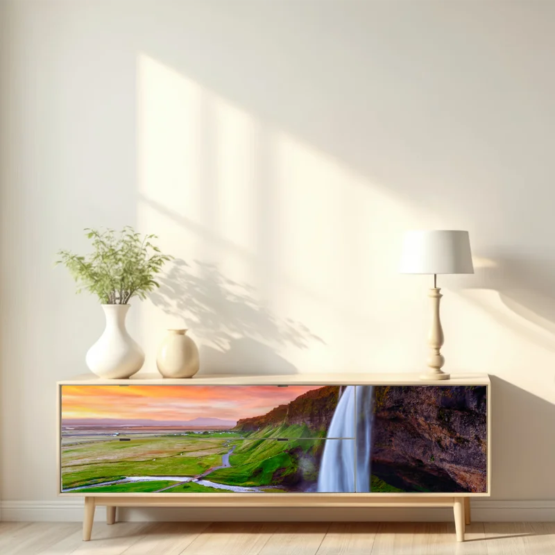 Repositionierbarer Aufkleber wasserfall Seljalandsfoss bei sonnenuntergang