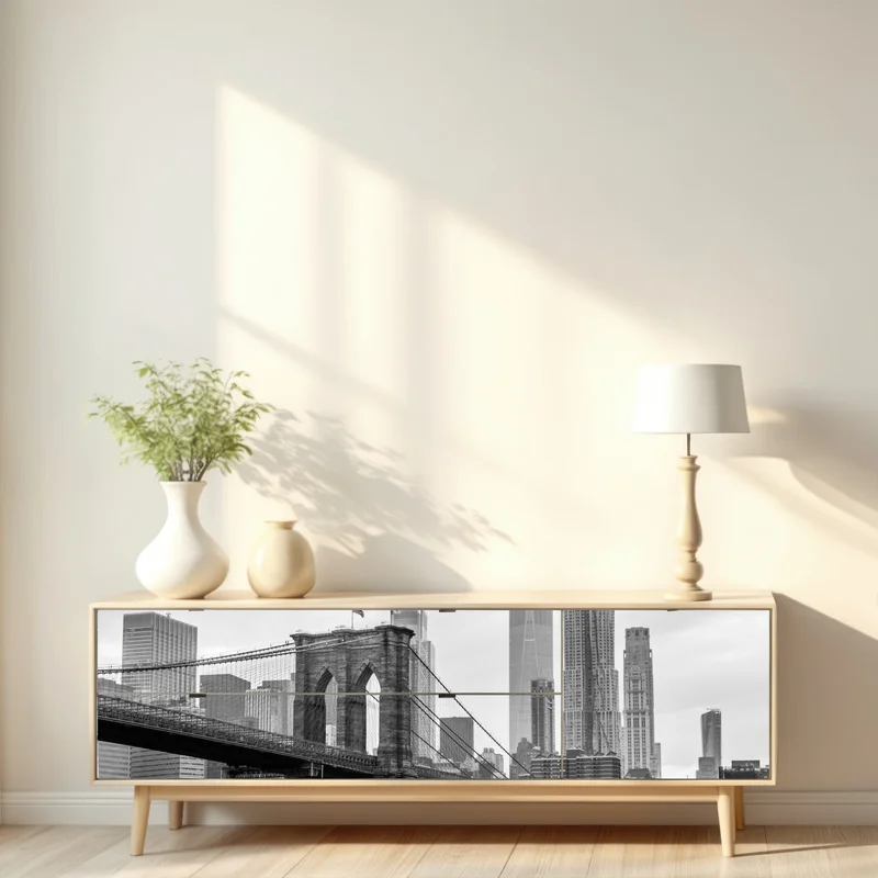 Repositionierbarer Aufkleber Brooklyn Bridge und New York skyline in graustufen