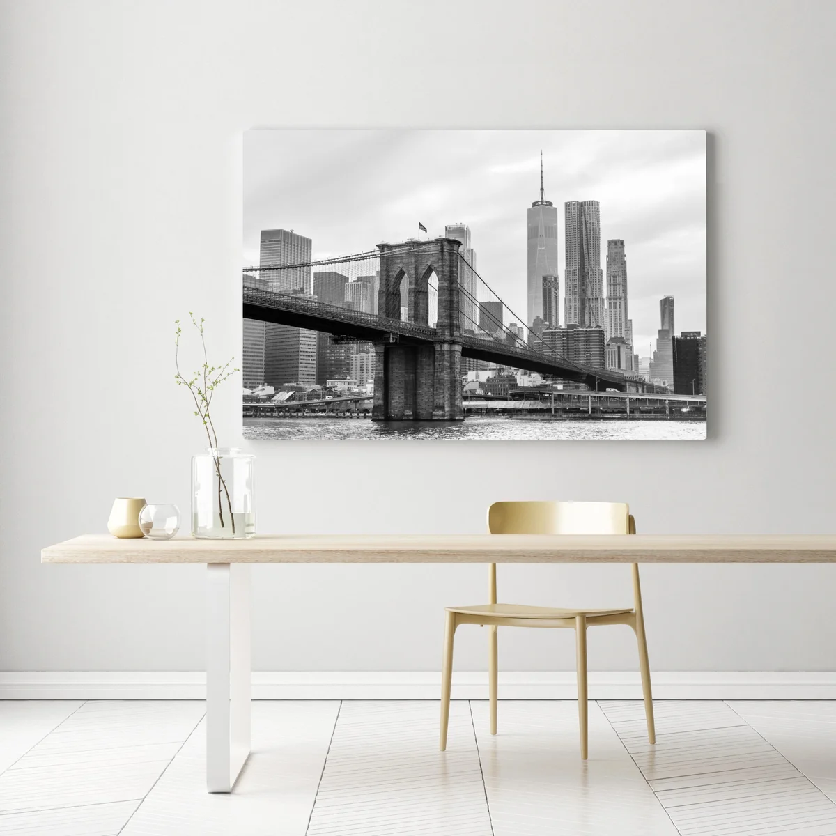 Leinwandbild Brooklyn Bridge und New York skyline in graustufen Leinwandbild Brooklyn Bridge und New York skyline in graustufen