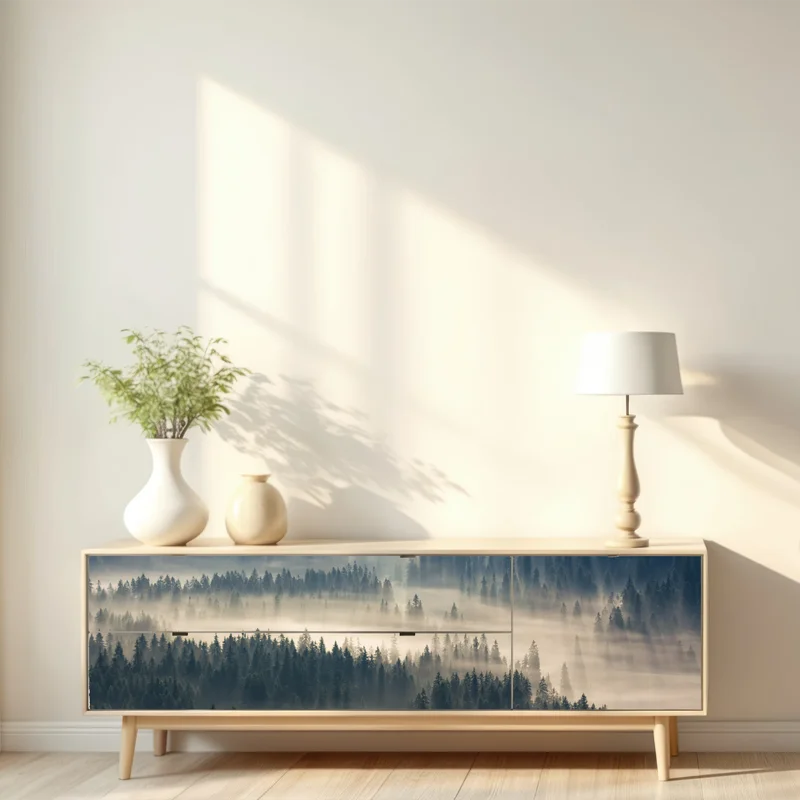 Repositionierbarer Aufkleber nebliger nadelwald im morgengrauen