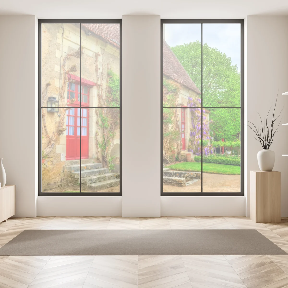 Fensteraufkleber reizendes landhaus mit blühender glyzinie Fensteraufkleber reizendes landhaus mit blühender glyzinie