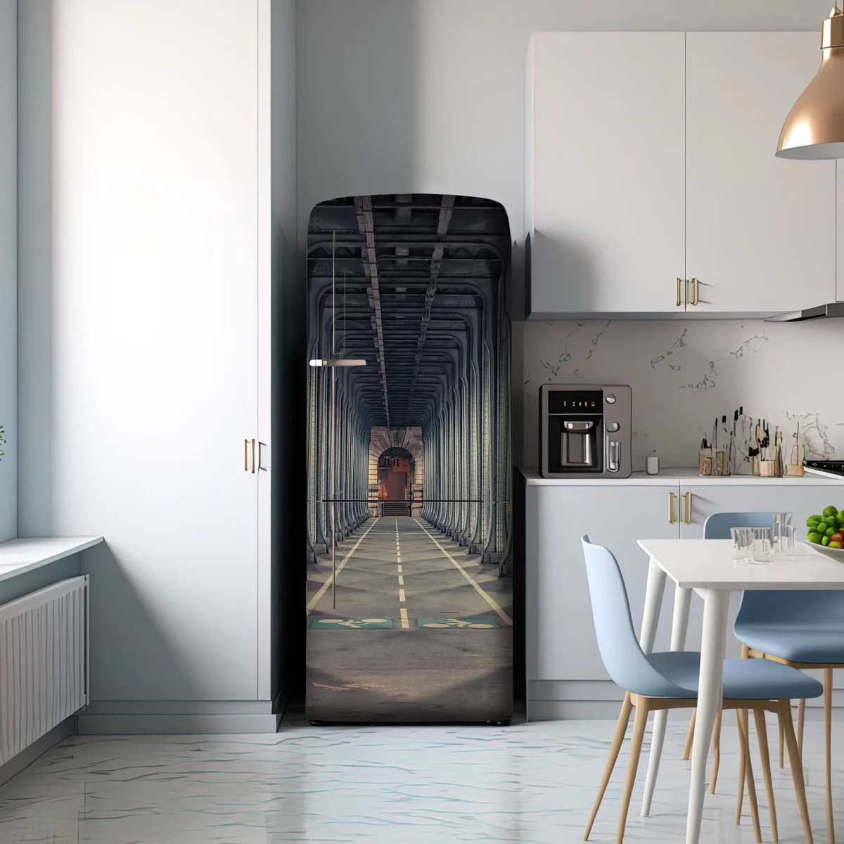 Kühlschrankaufkleber symmetrischer stahlkorridor einer brücke bei nacht Kühlschrankaufkleber symmetrischer stahlkorridor einer brücke bei nacht