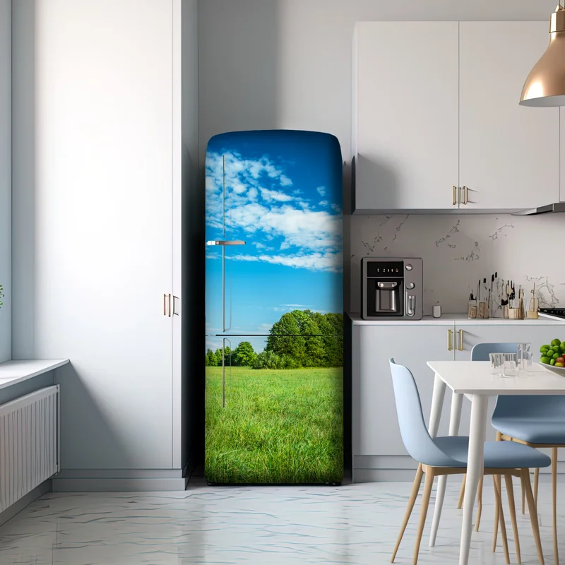 Kühlschrankaufkleber sonnige grüne wiese unter blauem himmel