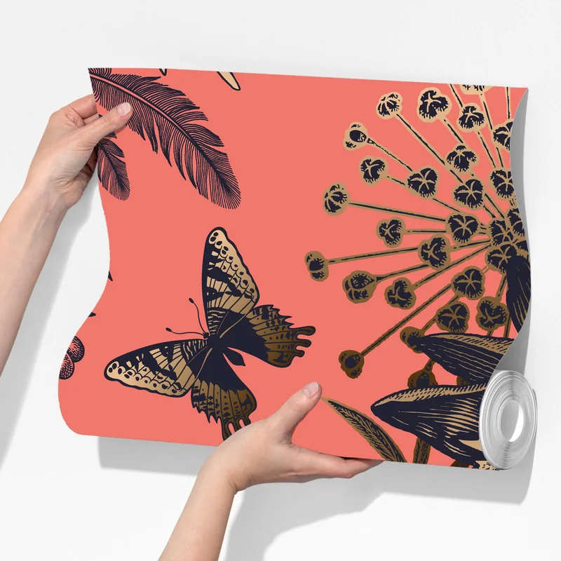 Fototapete vintage blumenmuster mit vögeln auf korallenhintergrund Fototapete vintage blumenmuster mit vögeln auf korallenhintergrund