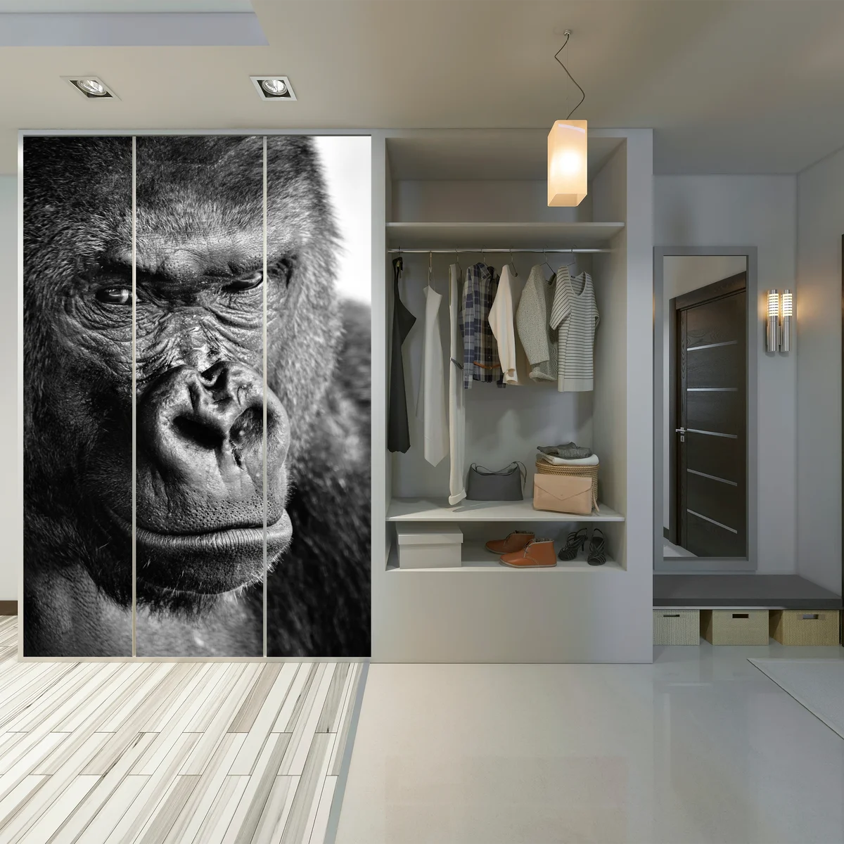 Schrankaufkleber intensives gorilla-porträt in schwarzweiß Schrankaufkleber intensives gorilla-porträt in schwarzweiß