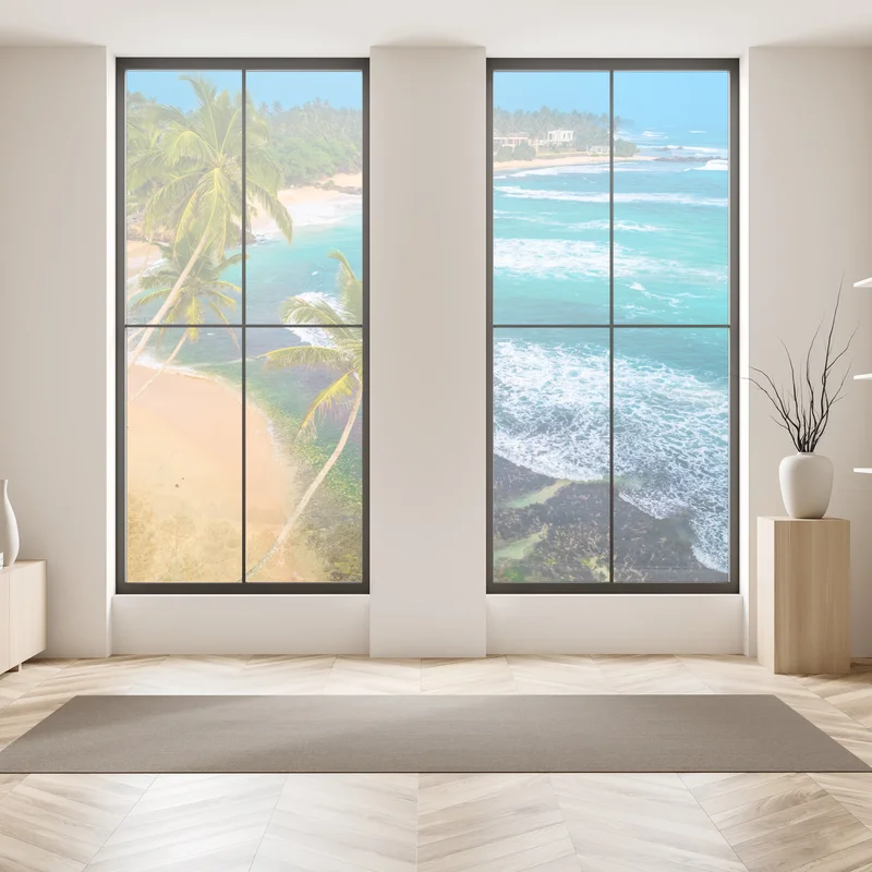 Naklejka na okno turkusowe tropikalne wybrzeże z palmami Naklejka na okno turkusowe tropikalne wybrzeże z palmami