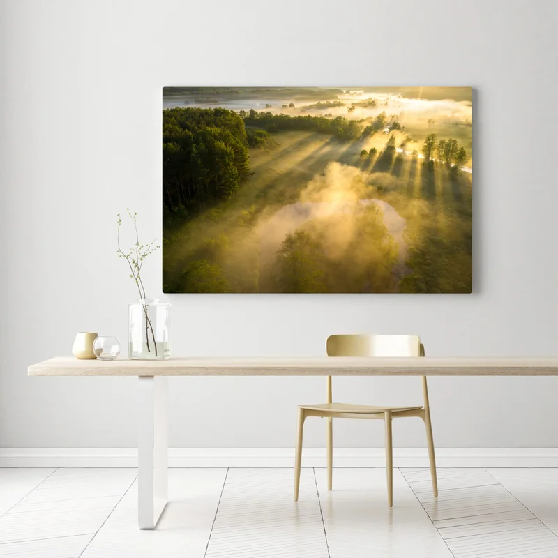 Leinwandbild goldener morgen über nebligem fluss Leinwandbild goldener morgen über nebligem fluss