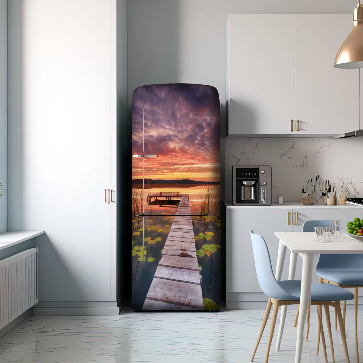 Kühlschrankaufkleber sonnenaufgang über ruhigem see mit steg Kühlschrankaufkleber sonnenaufgang über ruhigem see mit steg