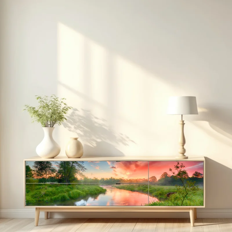 Repositionierbarer Aufkleber sonnenaufgang über einem nebligen flussufer Repositionierbarer Aufkleber sonnenaufgang über einem nebligen flussufer