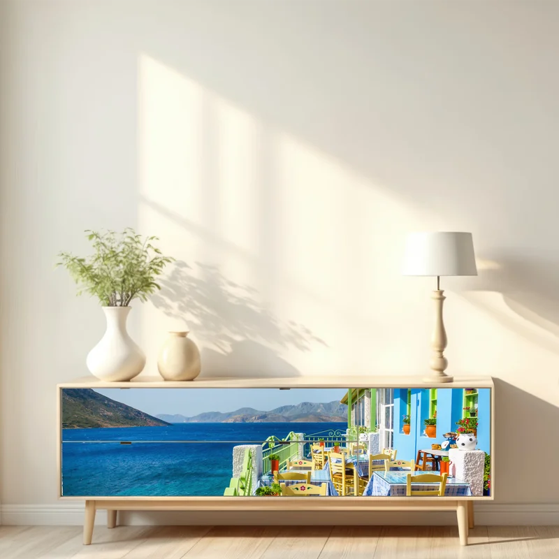 Repositionierbarer Aufkleber sonnige terrasse am Mittelmeer Repositionierbarer Aufkleber sonnige terrasse am Mittelmeer