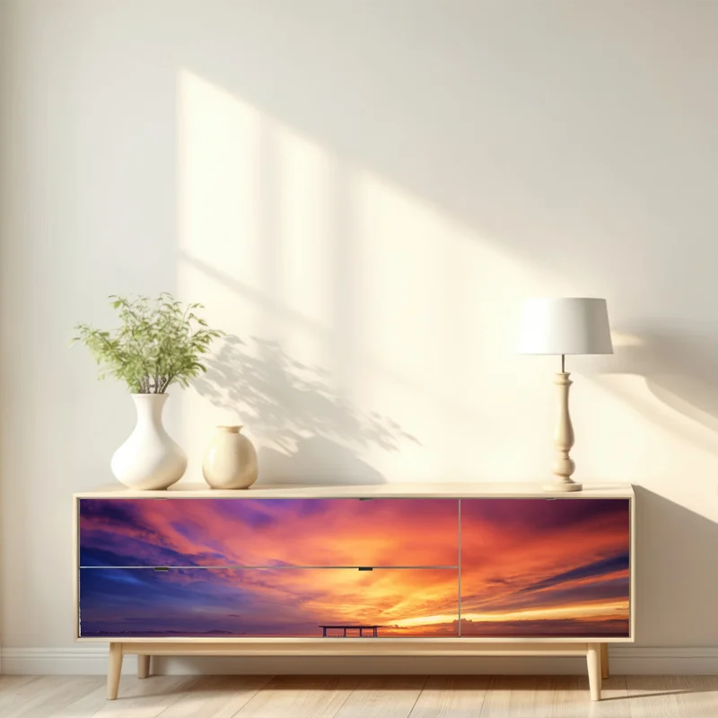 Repositionierbarer Aufkleber sonnenuntergang am steg am strand