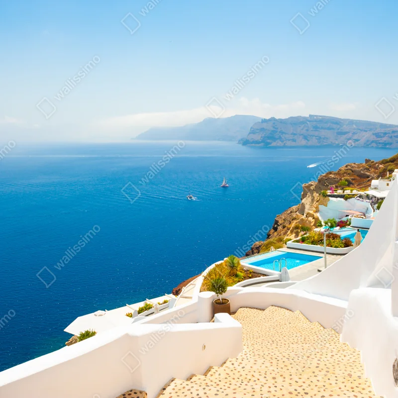 Repositionierbarer Aufkleber Santorini küstenblick mit weißer architektur Repositionierbarer Aufkleber Santorini küstenblick mit weißer architektur