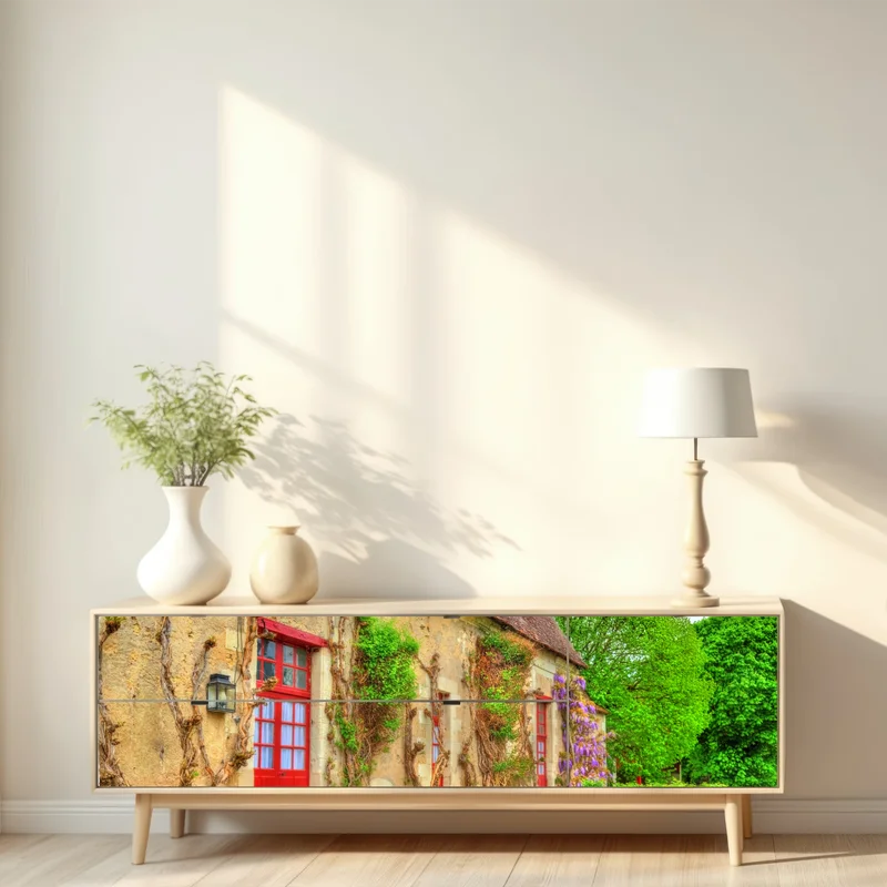 Repositionierbarer Aufkleber reizendes landhaus mit blühender glyzinie