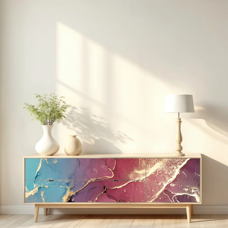 Repositionierbarer Aufkleber abstraktes marmoriertes bild in türkis und lila mit gold