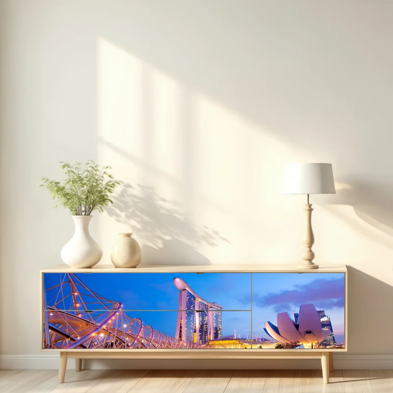 Repositionierbarer Aufkleber stadtbild Marina Bay bei dämmerung