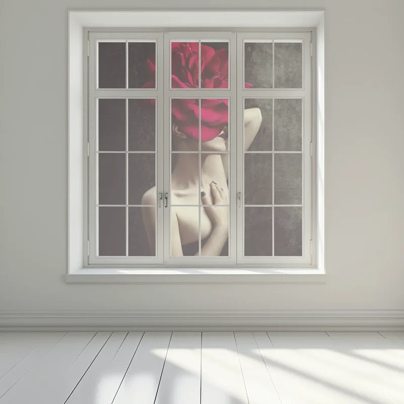 Naklejka na okno kobieta z głową z róży surrealistyczny portret