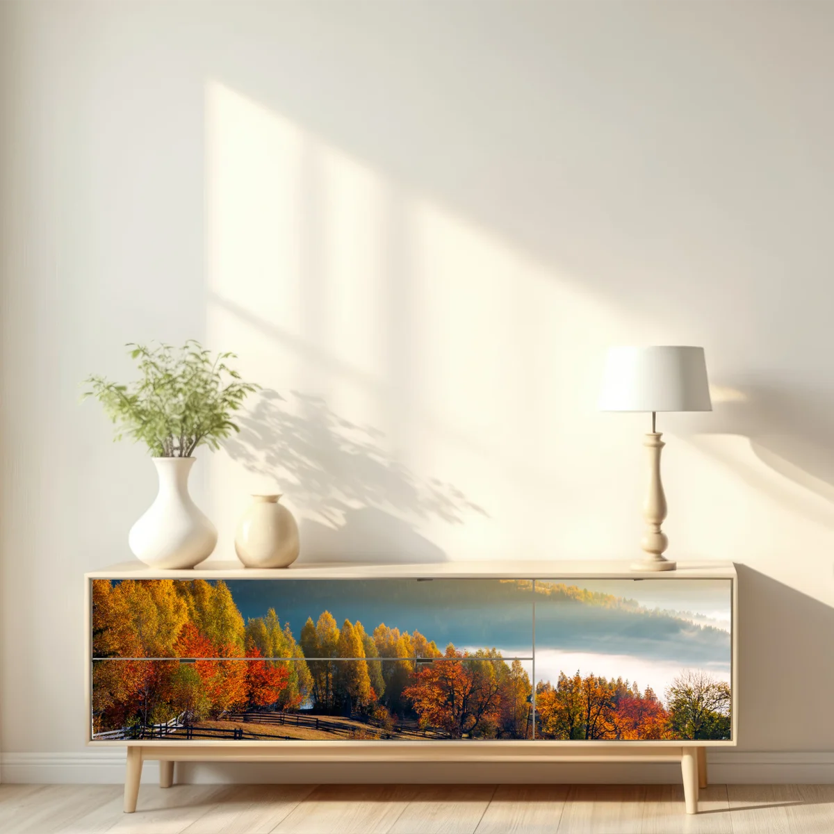 Repositionierbarer Aufkleber nebliger herbstlicher sonnenaufgang auf dem land Repositionierbarer Aufkleber nebliger herbstlicher sonnenaufgang auf dem land