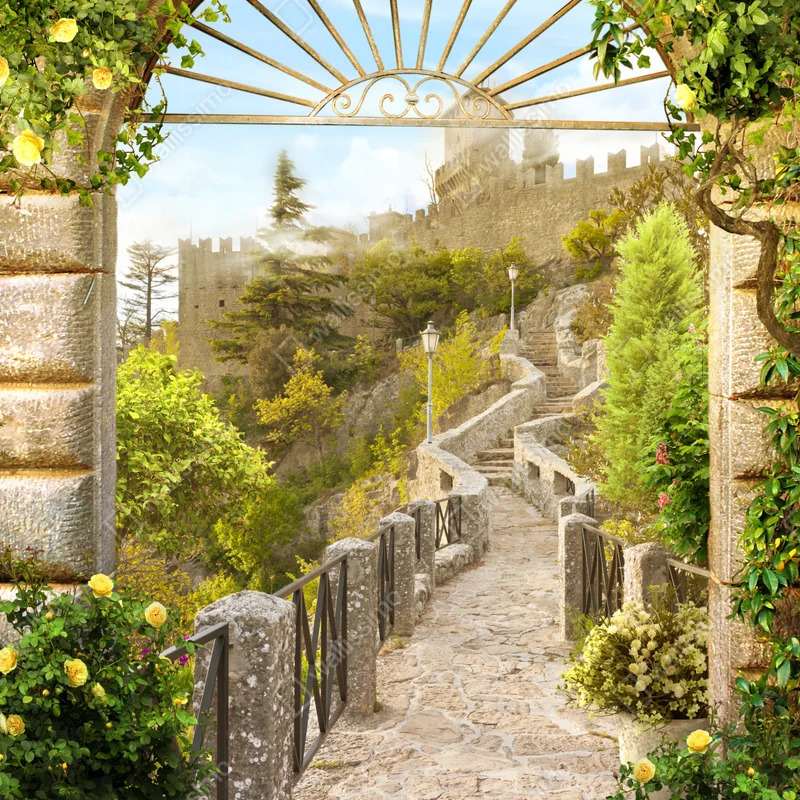 Repositionierbarer Aufkleber sonniger gartenweg zum schloss Repositionierbarer Aufkleber sonniger gartenweg zum schloss