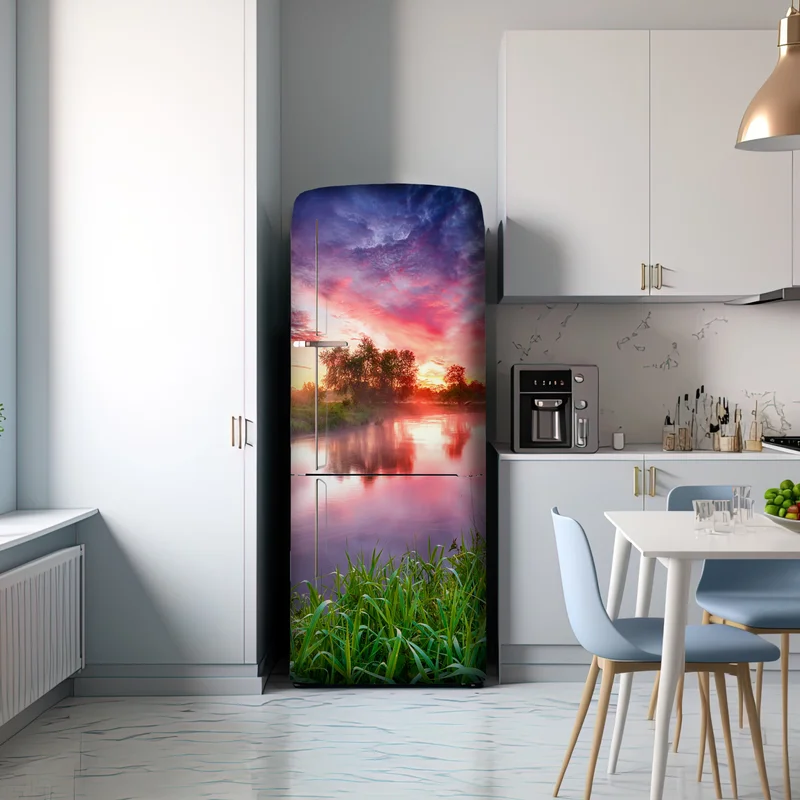 Kühlschrankaufkleber ruhiger sommer sonnenaufgang am flussufer