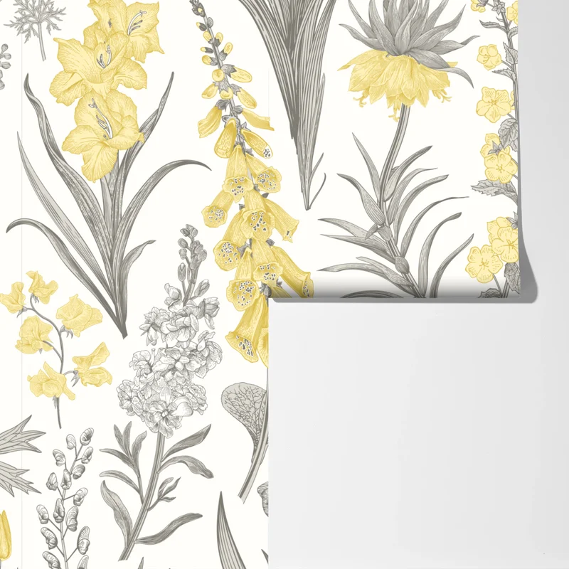 Fototapete vintage botanisches blumenmuster in gelb und grau Fototapete vintage botanisches blumenmuster in gelb und grau