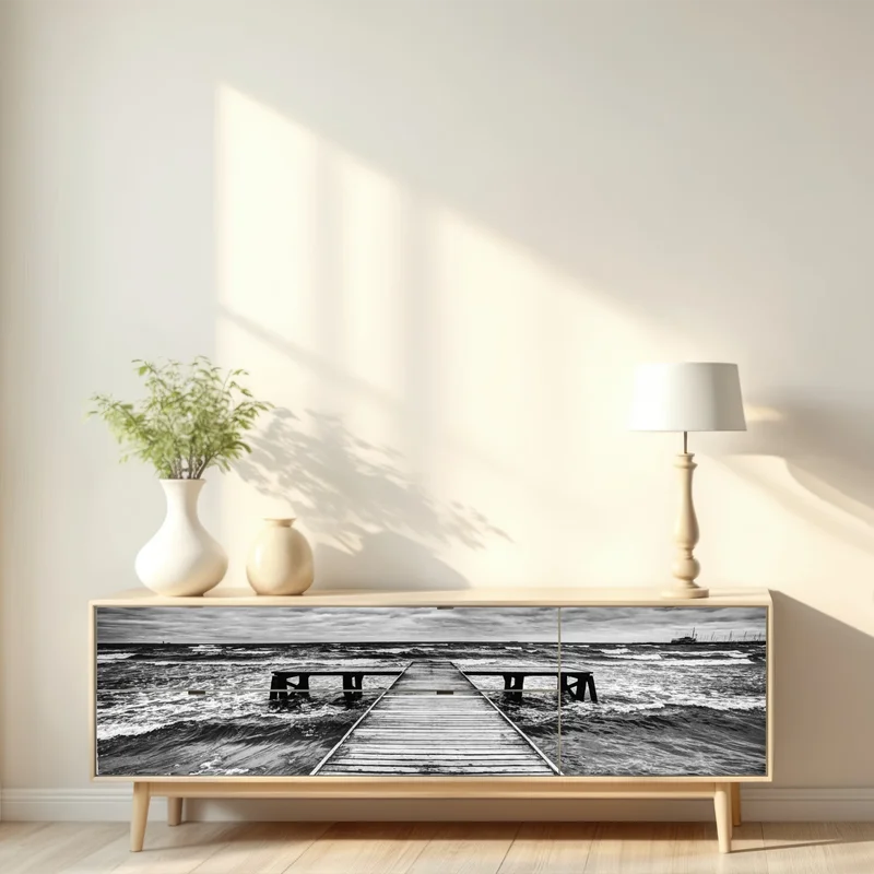 Repositionierbarer Aufkleber dramatischer schwarzweiß-steg in stürmischer see