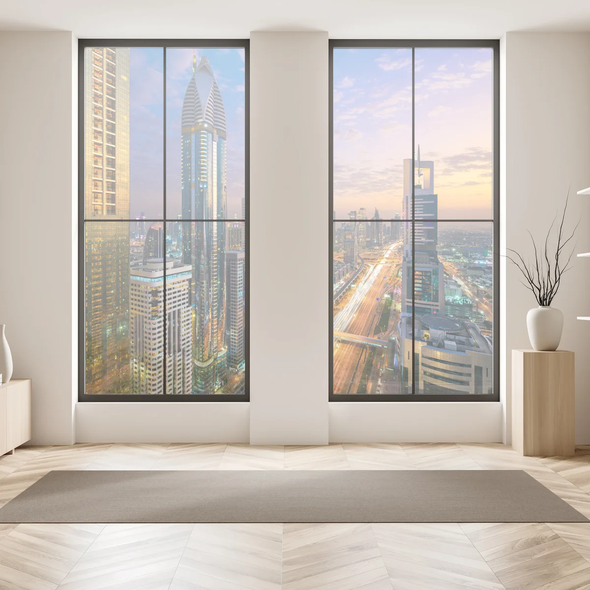 Fensteraufkleber stadtszene Dubais bei dämmerung Fensteraufkleber stadtszene Dubais bei dämmerung