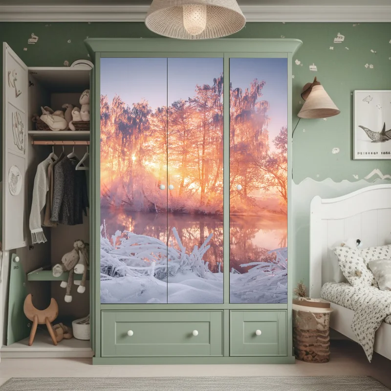 Schrankaufkleber winterlicher sonnenaufgang über zugefrorenem fluss