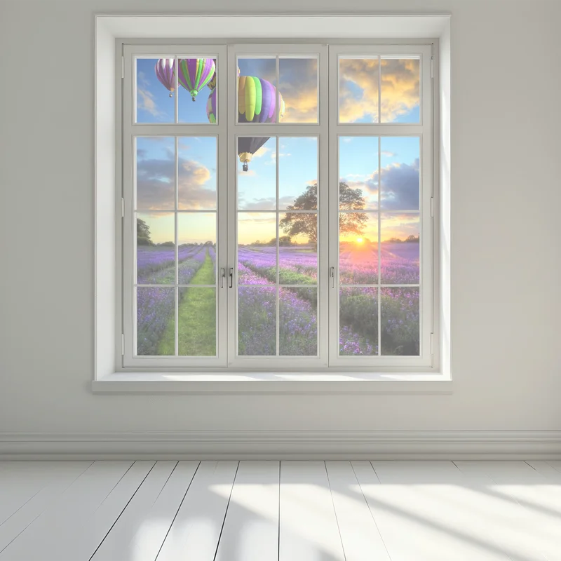 Fensteraufkleber lavendersonnenuntergang mit bunten heißluftballons Fensteraufkleber lavendersonnenuntergang mit bunten heißluftballons