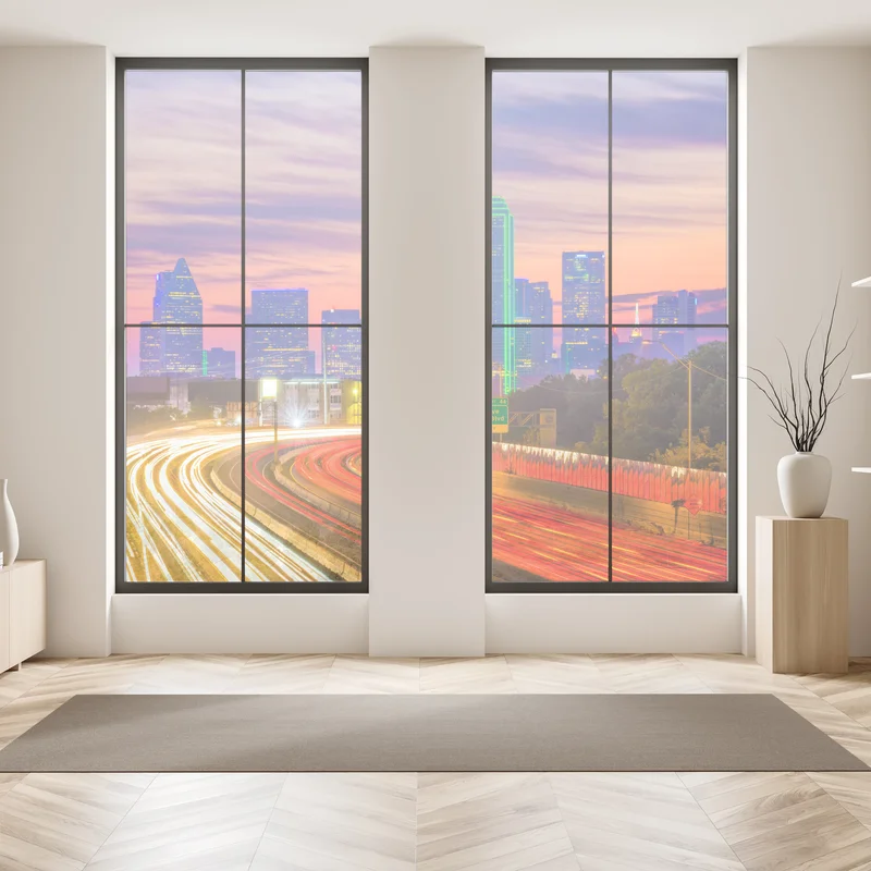 Fensteraufkleber panorama von Dallas bei sonnenuntergang mit lichtspuren auf der autobahn