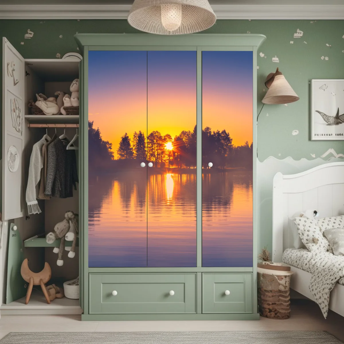 Schrankaufkleber nebliger sonnuntergang am see Schrankaufkleber nebliger sonnuntergang am see