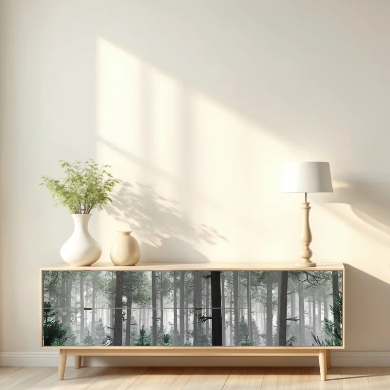 Repositionierbarer Aufkleber nebliger immergrüner wald