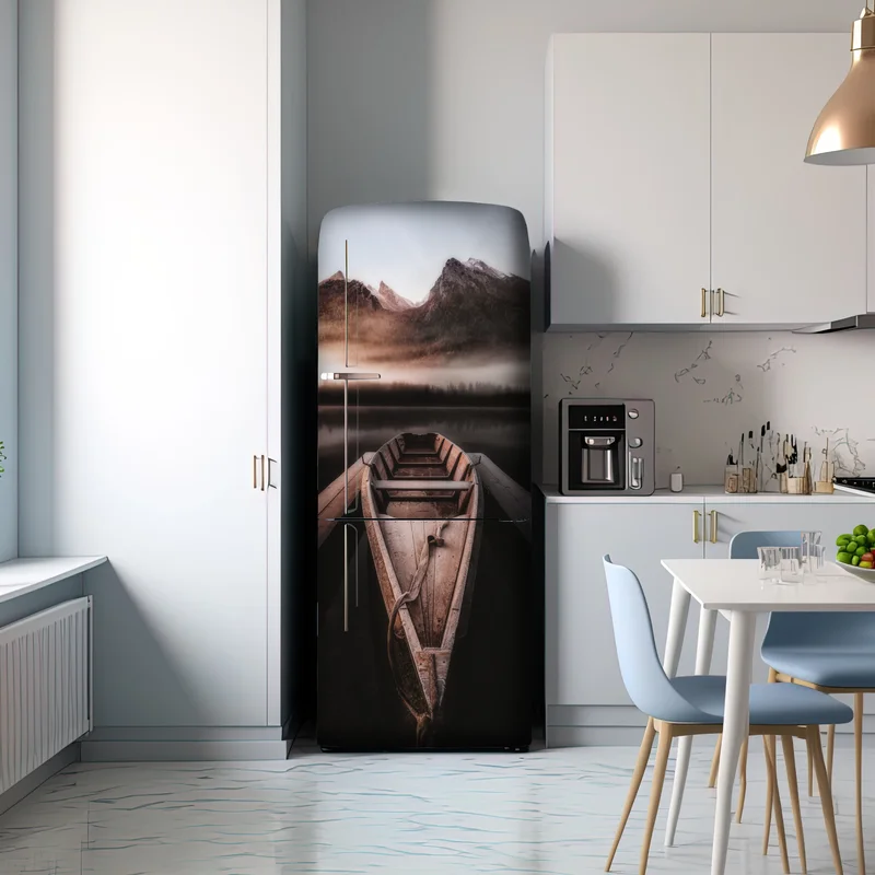 Kühlschrankaufkleber nebliges boot am bergsee