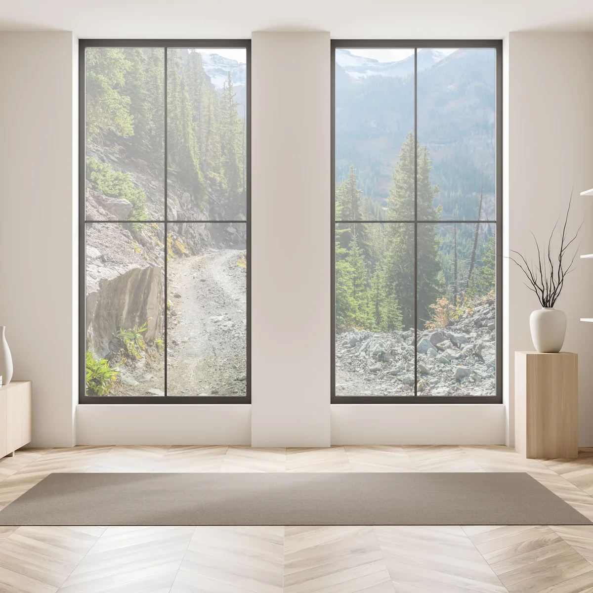 Naklejka na okno górski szlak przez alpejski las Naklejka na okno górski szlak przez alpejski las