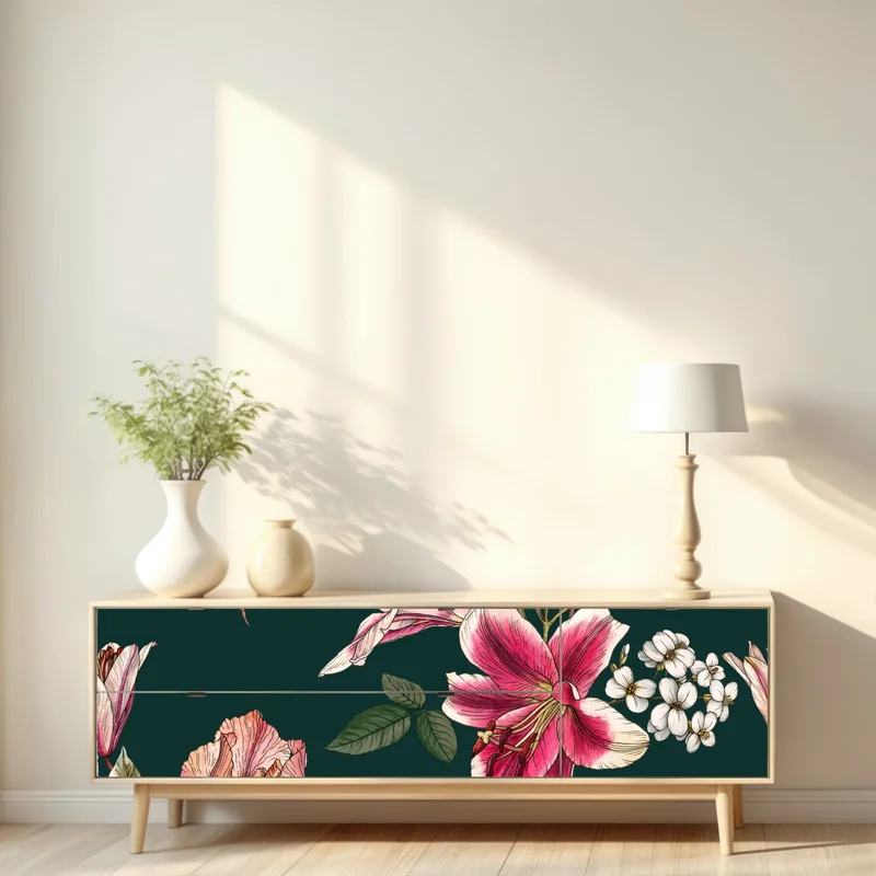 Repositionierbarer Aufkleber vintage botanisches floralmuster auf tiefgrün