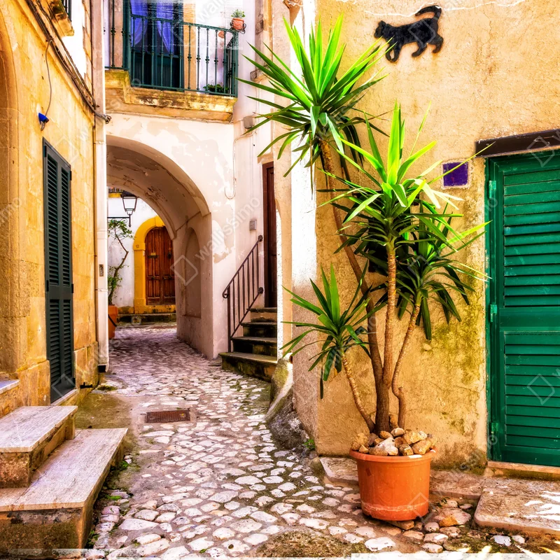 Leinwandbild sonnige mediterrane gasse mit grünen jalousien Leinwandbild sonnige mediterrane gasse mit grünen jalousien