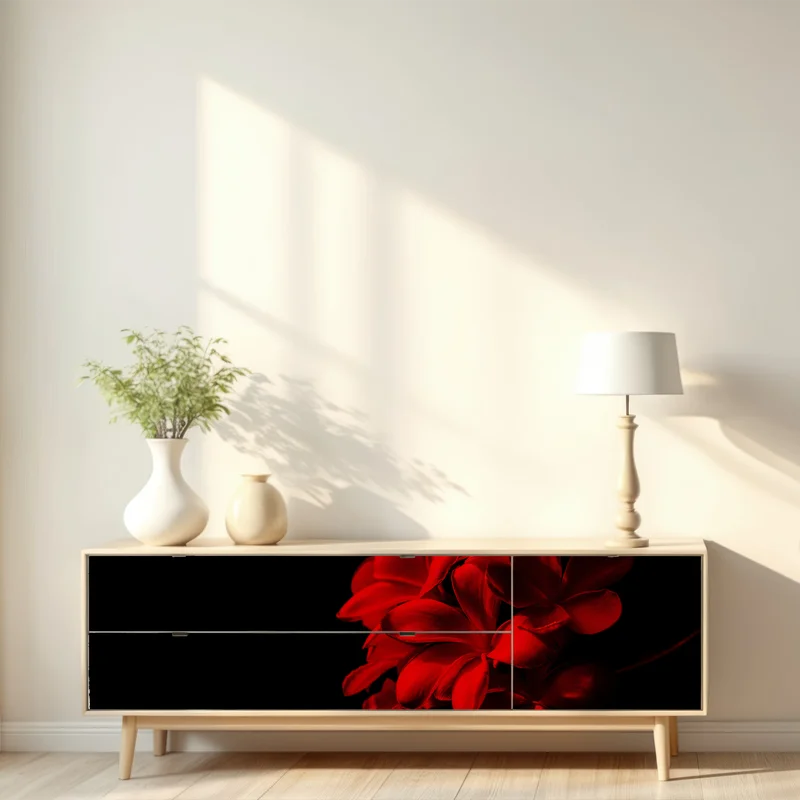 Repositionierbarer Aufkleber rote plumeria auf schwarzem hintergrund