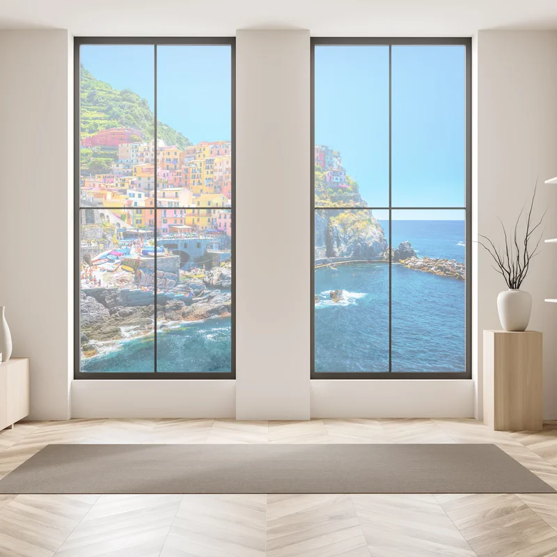 Fensteraufkleber farbenfrohes dorf am klippenmeer